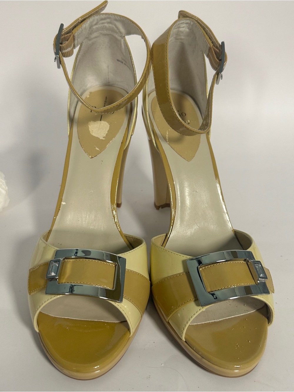 Paolo Two-Tone Yellow Patent Buckle Ankle-Strap Heels Size 10